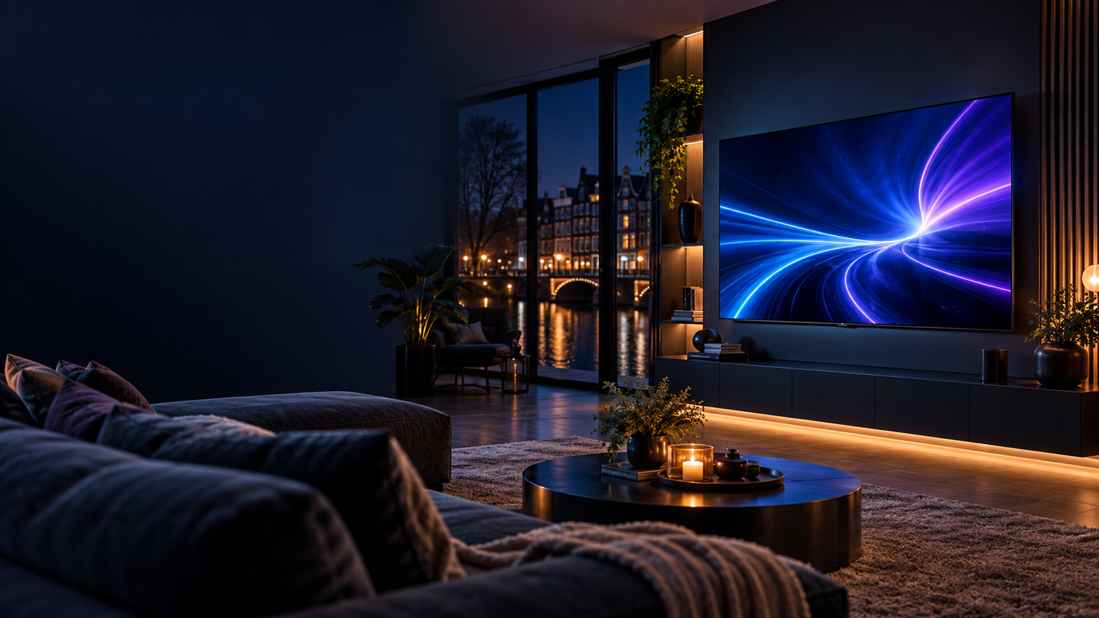 Moderne woonkamer met een groot televisiescherm